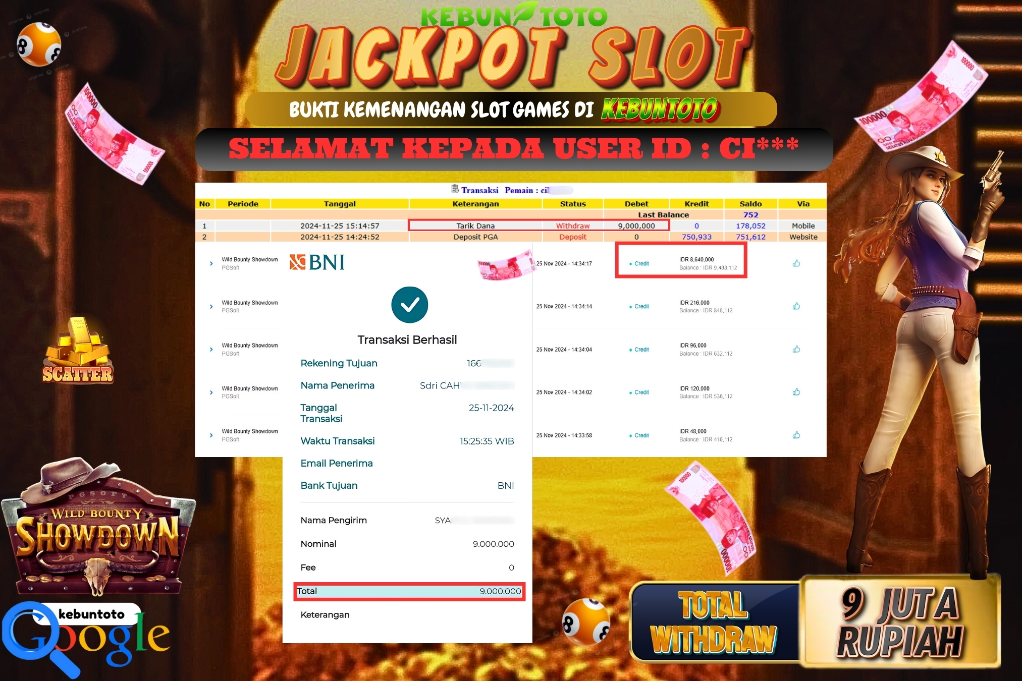 KEBUNTOTO JACKPOT SLOT WILD BOUNTY SHOWDOWN Rp.9.000.000,- LUNAS