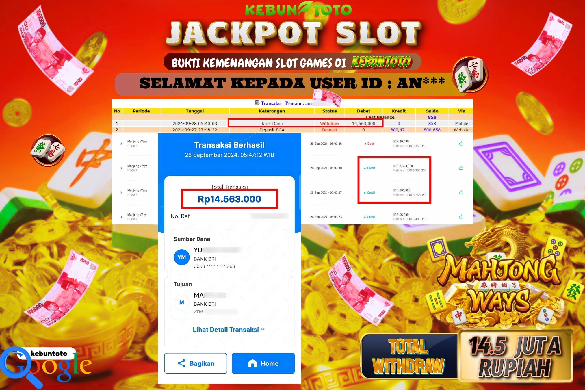 KEBUNTOTO JACKPOT SLOT MAHJONG WAYS Rp.14.563.000,- LUNAS