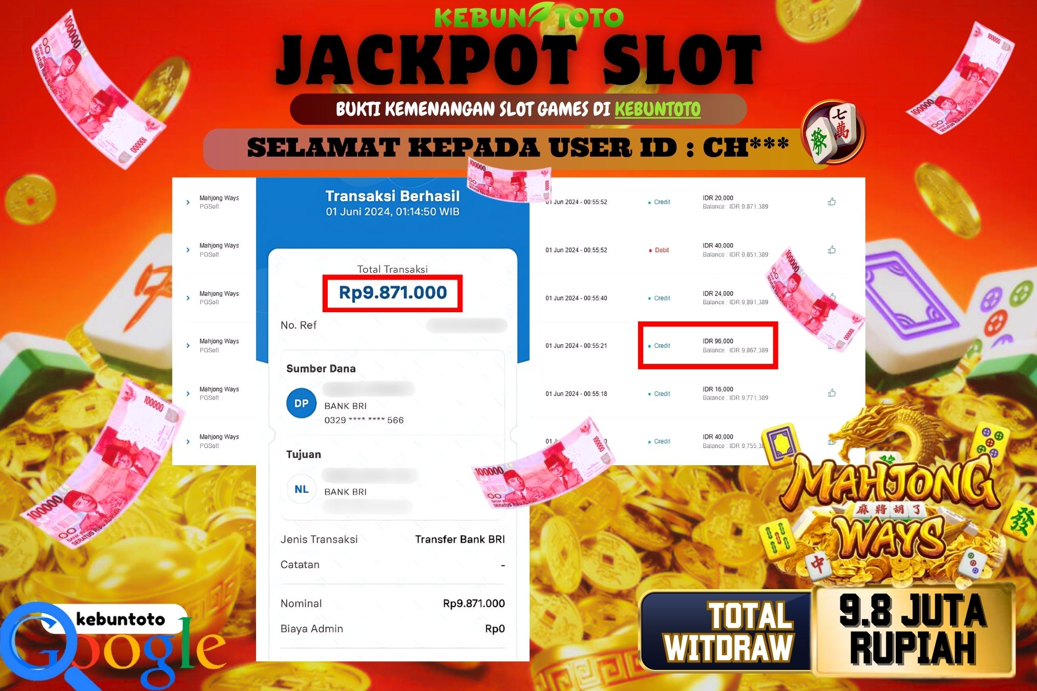 KEBUNTOTO JACKPOT SLOT MAHJONG WAYS Rp.9.871.000,- LUNAS