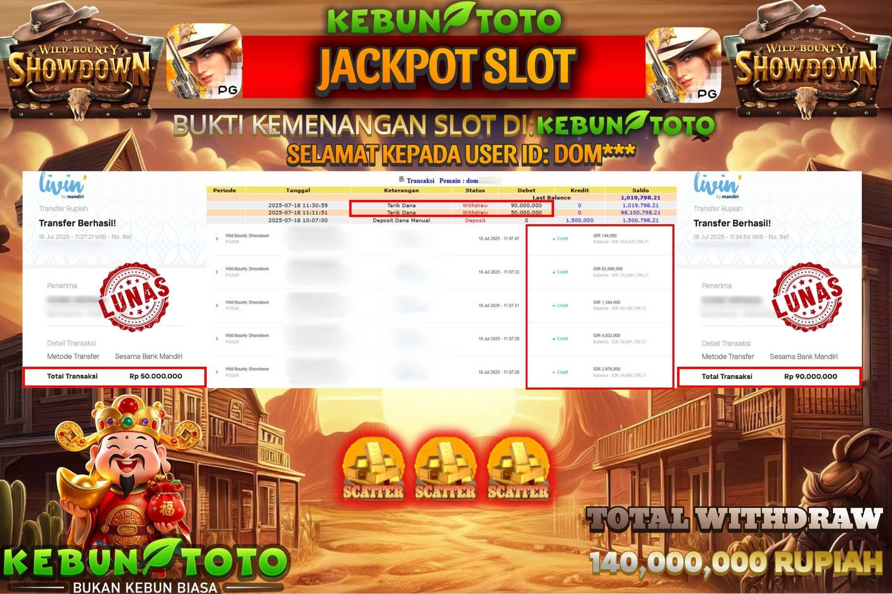 Bukti Kemenangan Rp 140.000.000 SLOT WILD BOUNTY SHOWDOWN di KEBUNTOTO!