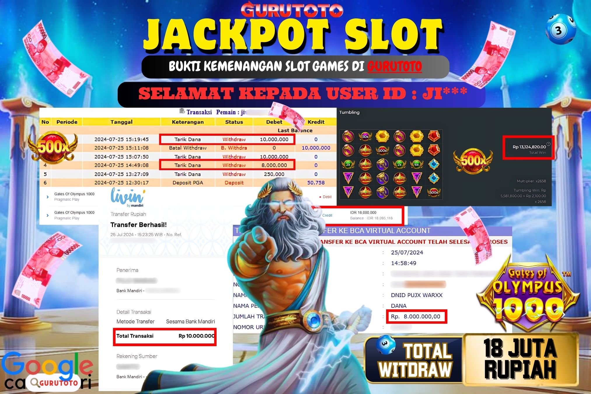 Jackpot Slot Gates of Olympus 1000 di Gurutoto sebesar Rp.18.000.000 dibayar lunas.