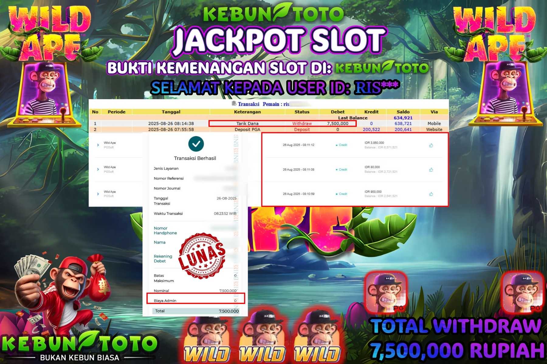 Bukti Kemenangan Rp 7.500.000 SLOT WILD APE di KEBUNTOTO!