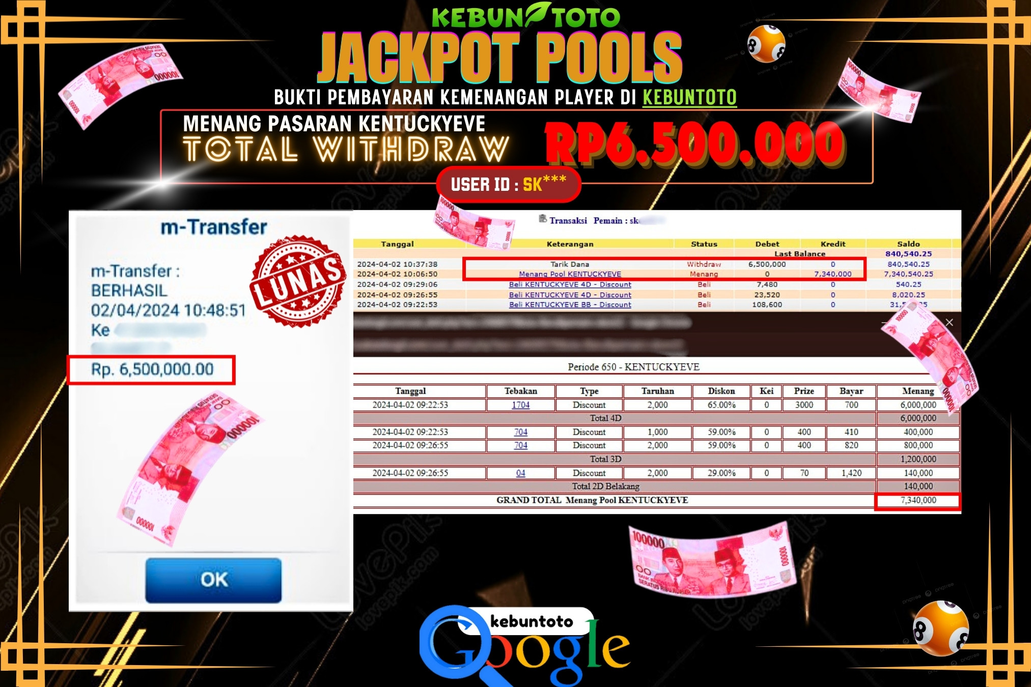 KEBUNTOTO JACKPOT TOGEL PASARAN KENTUCKYEVE Rp.6.500.000,- LUNAS