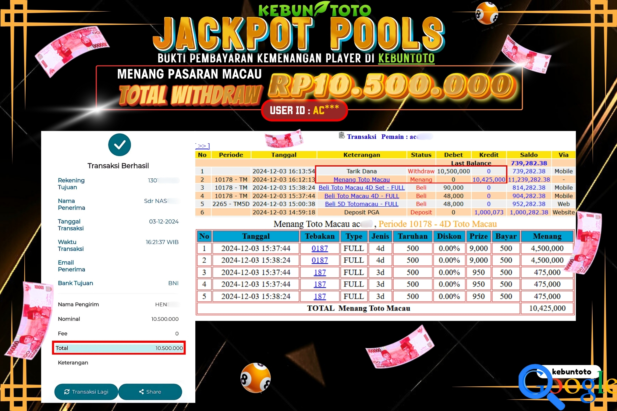 KEBUNTOTO JACKPOT TOGEL PASARAN MACAU Rp.10.500.000,- LUNAS