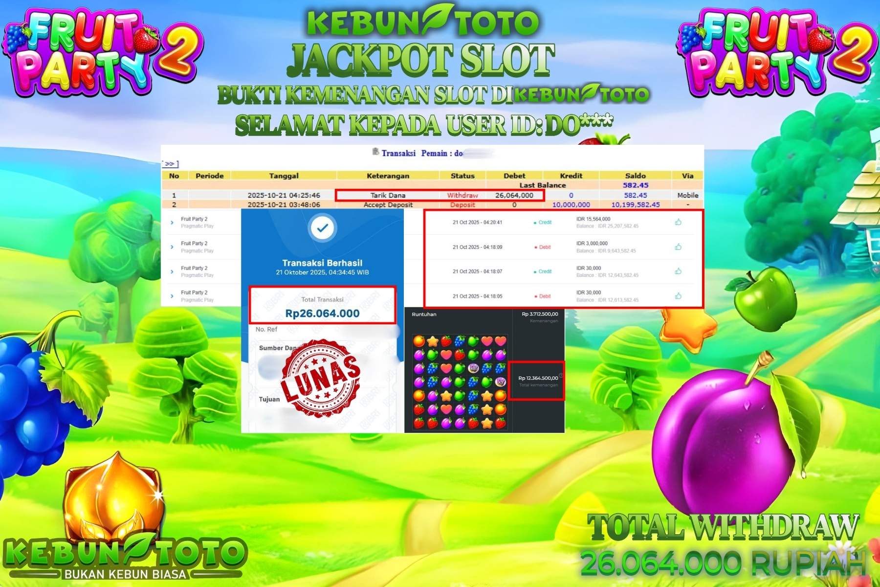Bukti Kemenangan Rp 26.064.000 SLOT FRUIT PARTY 2 di KEBUNTOTO!