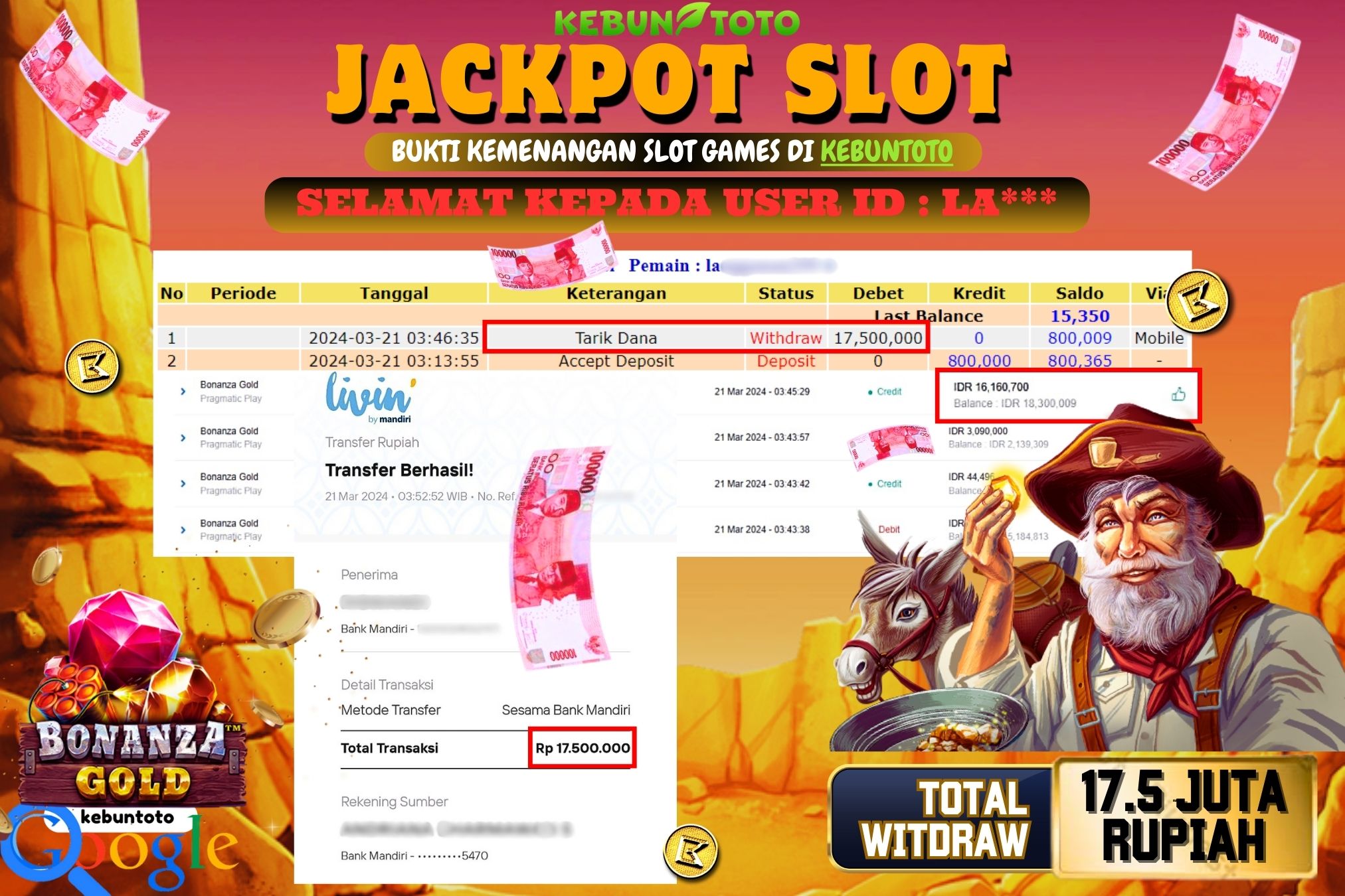 KEBUNTOTO JACKPOT SLOT BONANZA GOLD Rp.17.500.000,- LUNAS