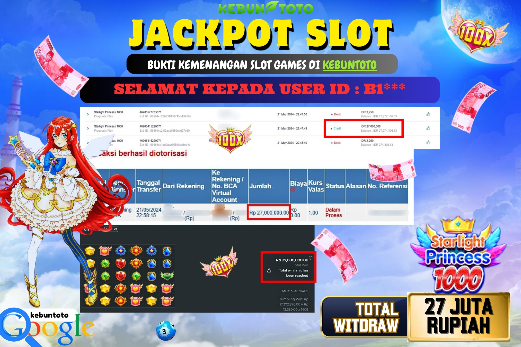 KEBUNTOTO JACKPOT SLOT STARLIGHT PRINCESS 1000 Rp.27.000.000,- LUNAS