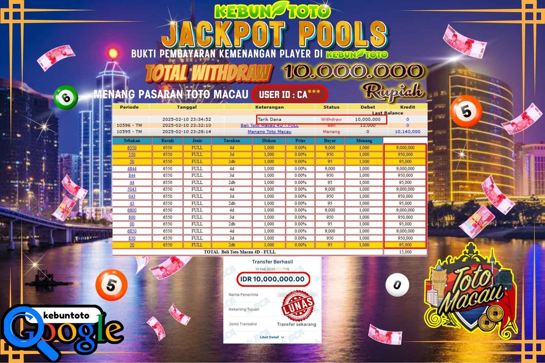 KEBUNTOTO JACKPOT, TOTO MACAU POOLS , Sebesar Rp 10.000.000,- LUNAS