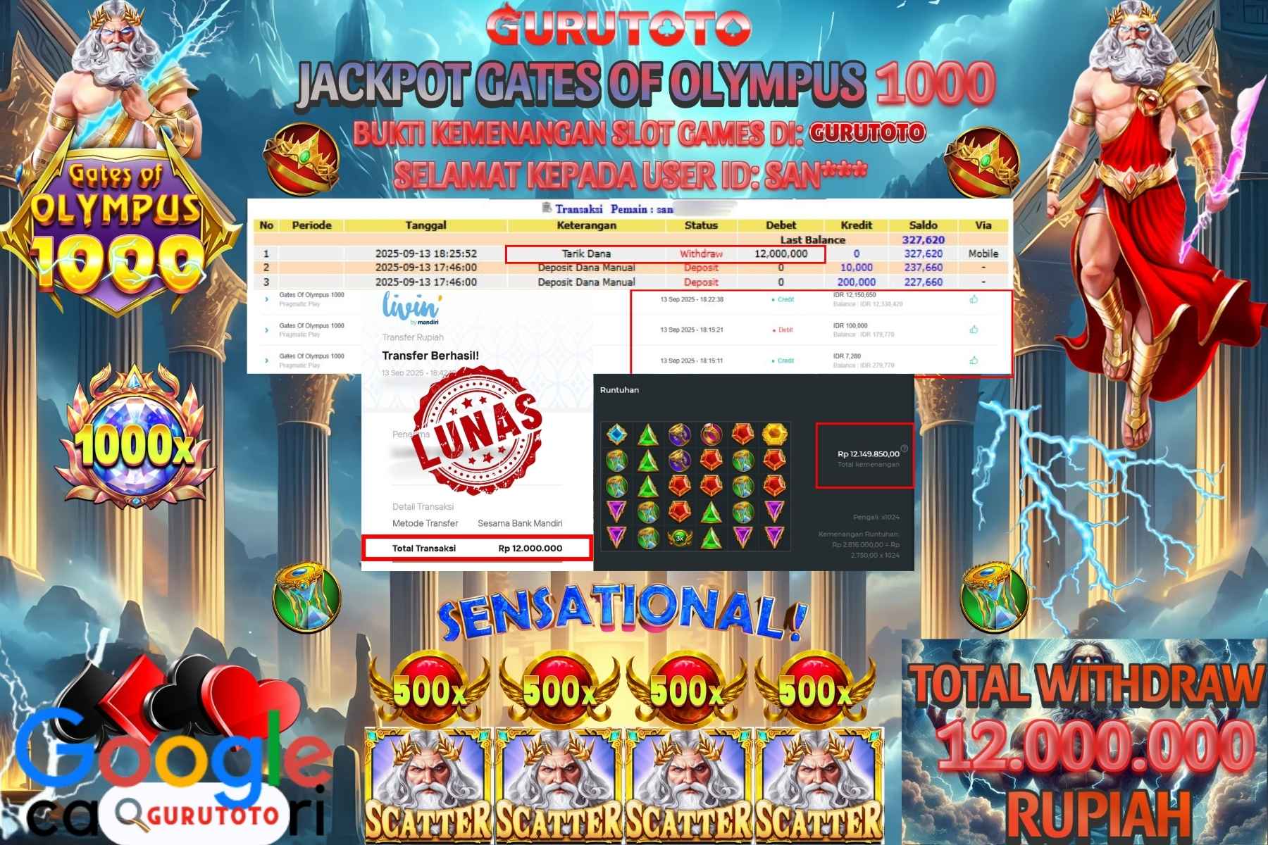Bukti Kemenangan Rp 12.000.000 SLOT GATES OF OLYMPUS 1000 di GURUTOTO!