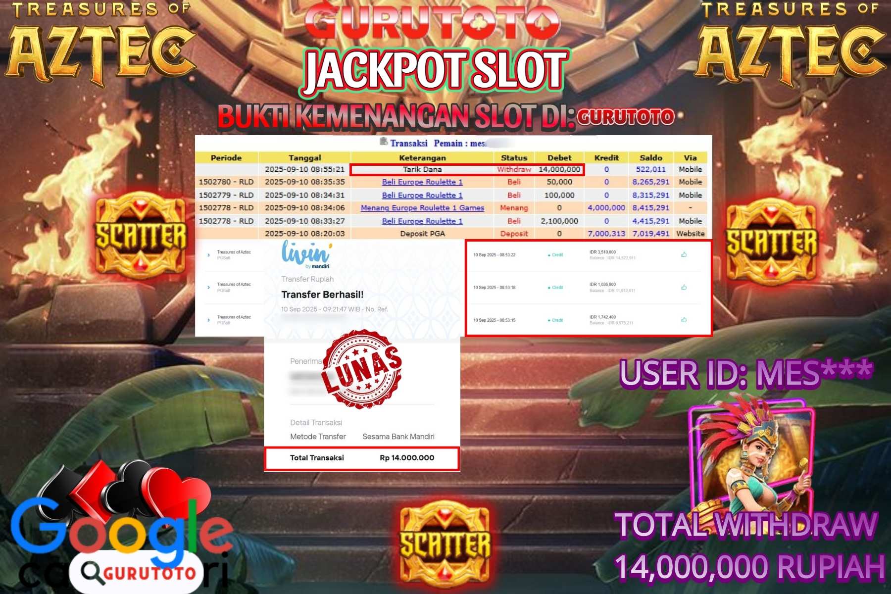 Bukti Kemenangan Rp 14.000.000 SLOT TREASURES OF AZTEC di GURUTOTO!