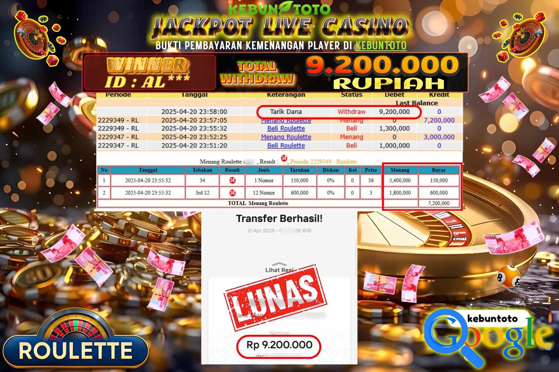 KEBUNTOTO JACKPOT, LIVE CASINO ROULETTE Rp 9.200.000,- LUNAS