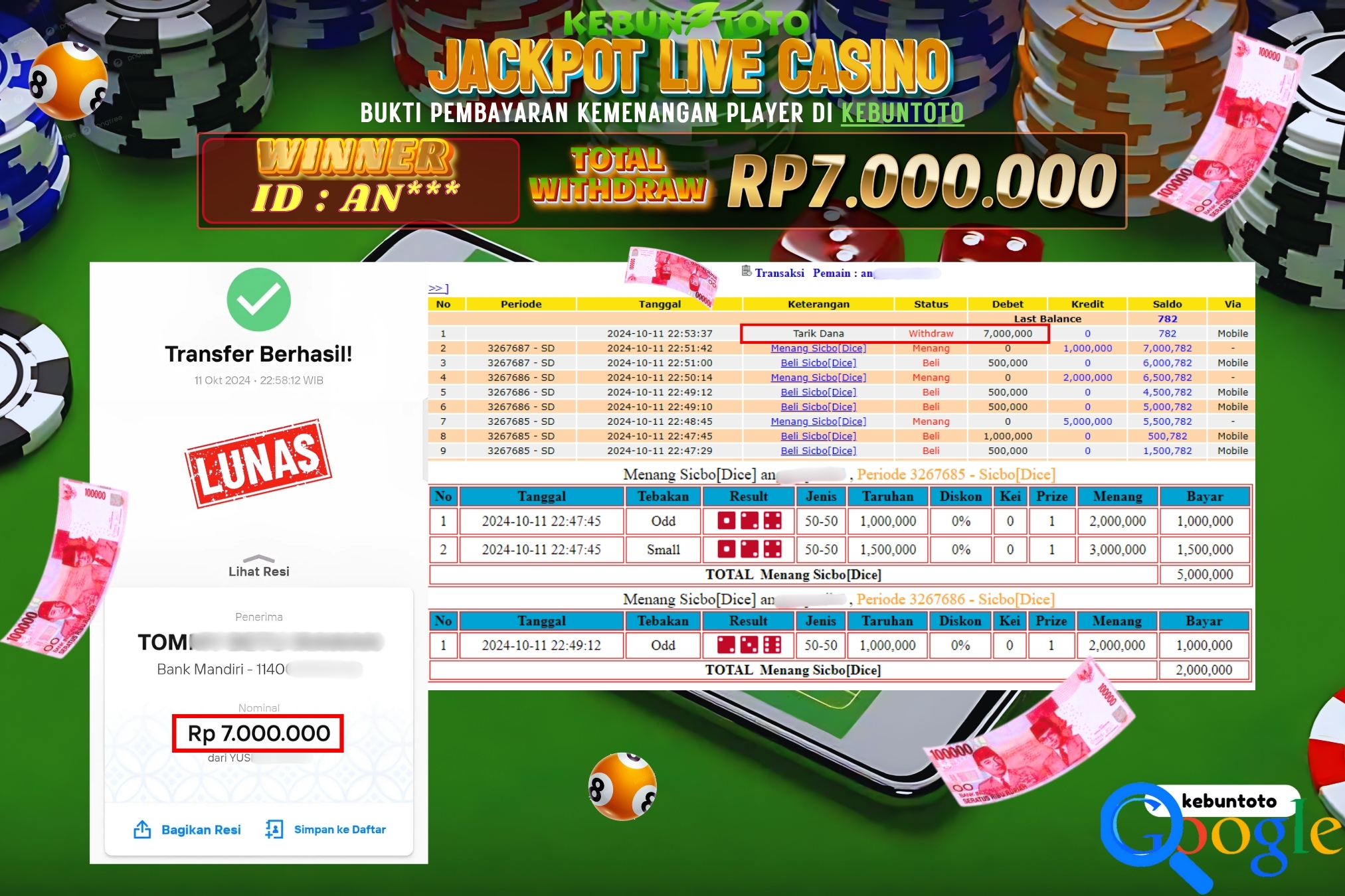 KEBUNTOTO JACKPOT LIVE CASINO SICBO DICE Rp.7.000.000,- LUNAS