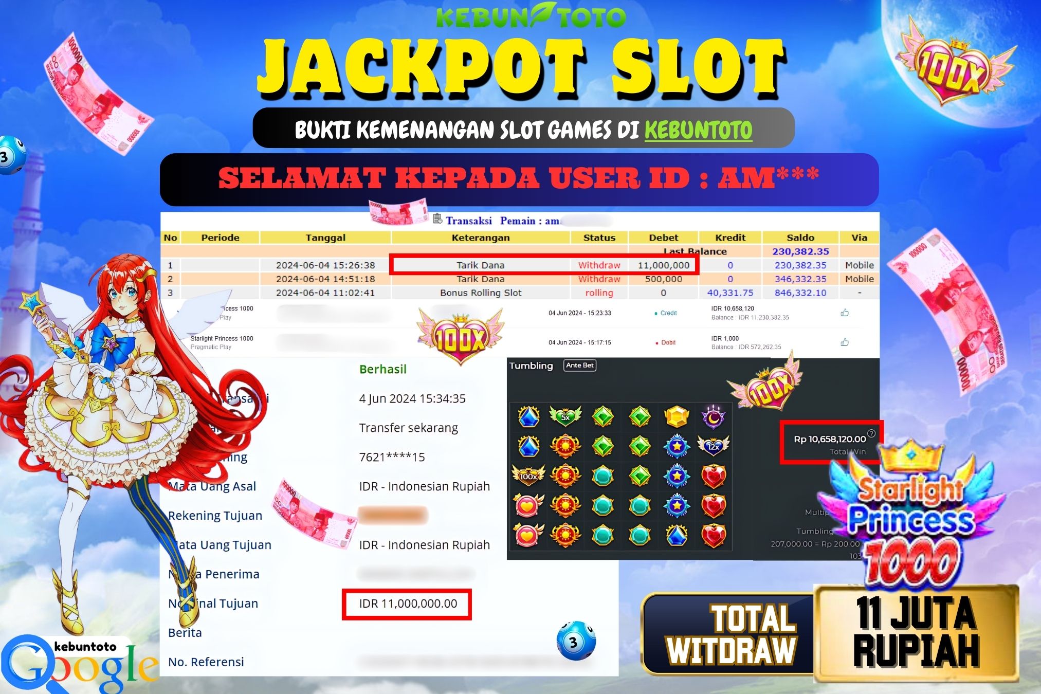 KEBUNTOTO JACKPOT SLOT STARLIGHT PRINCESS 1000 Rp.11.000.000,- LUNAS