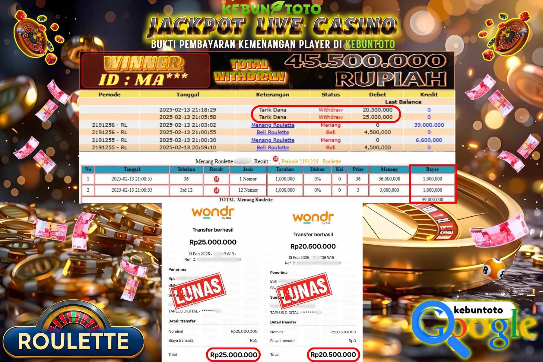 KEBUNTOTO JACKPOT, LIVE CASINO ROULETTE , Sebesar Rp 45.500.000,- LUNAS