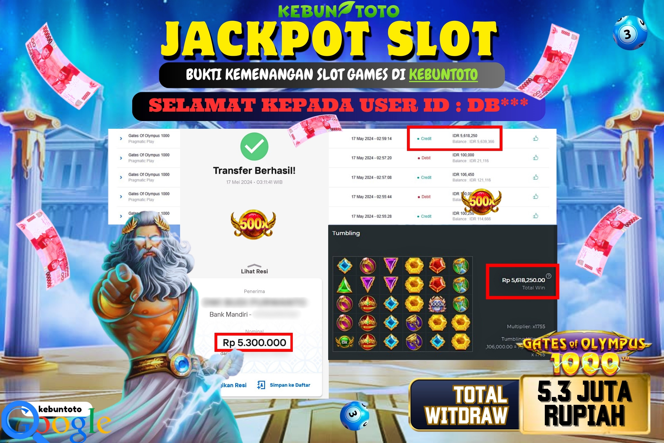 KEBUNTOTO JACKPOT SLOT GATES OF OLYMPUS 1000 Rp.5.300.000,- LUNAS