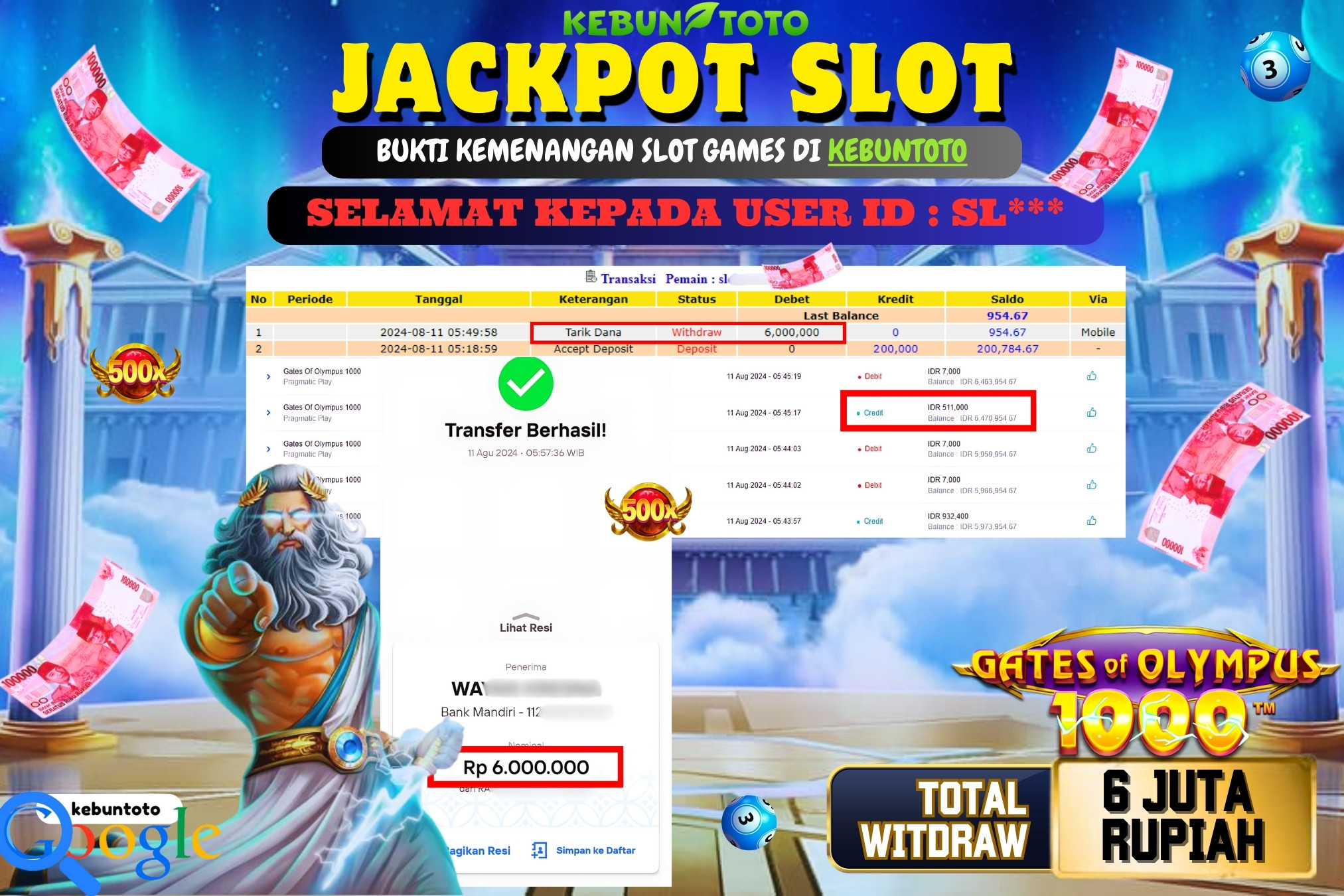 KEBUNTOTO JACKPOT SLOT GATES OF OLYMPUS 1000 Rp.6.000.000,- LUNAS