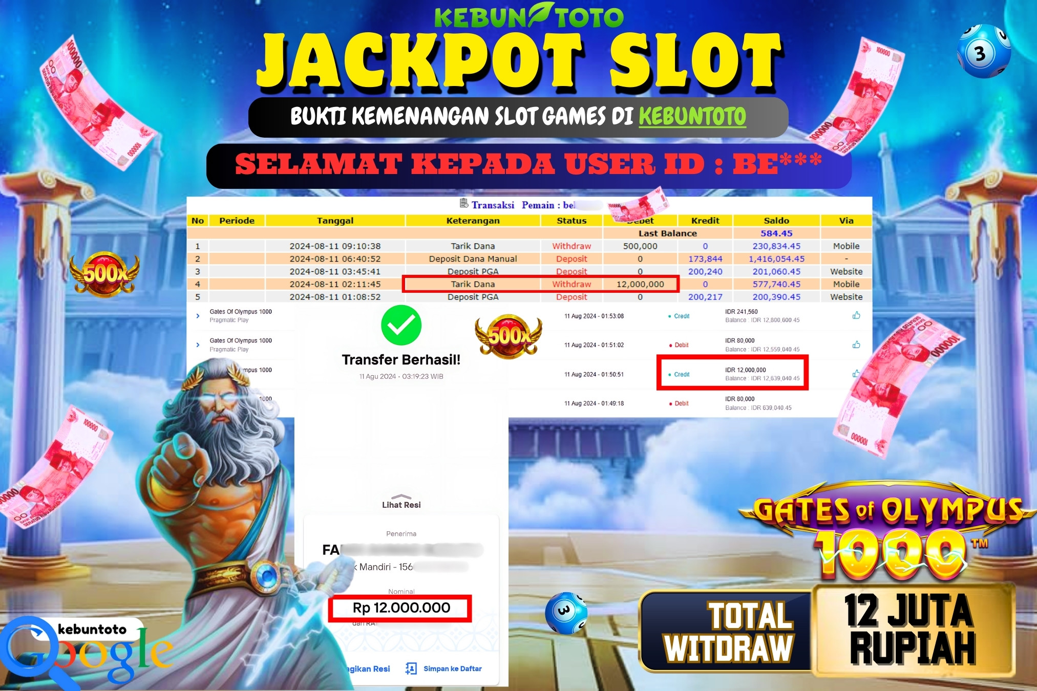 KEBUNTOTO JACKPOT SLOT GATES OF OLYMPUS 1000 Rp.12.000.000,- LUNAS