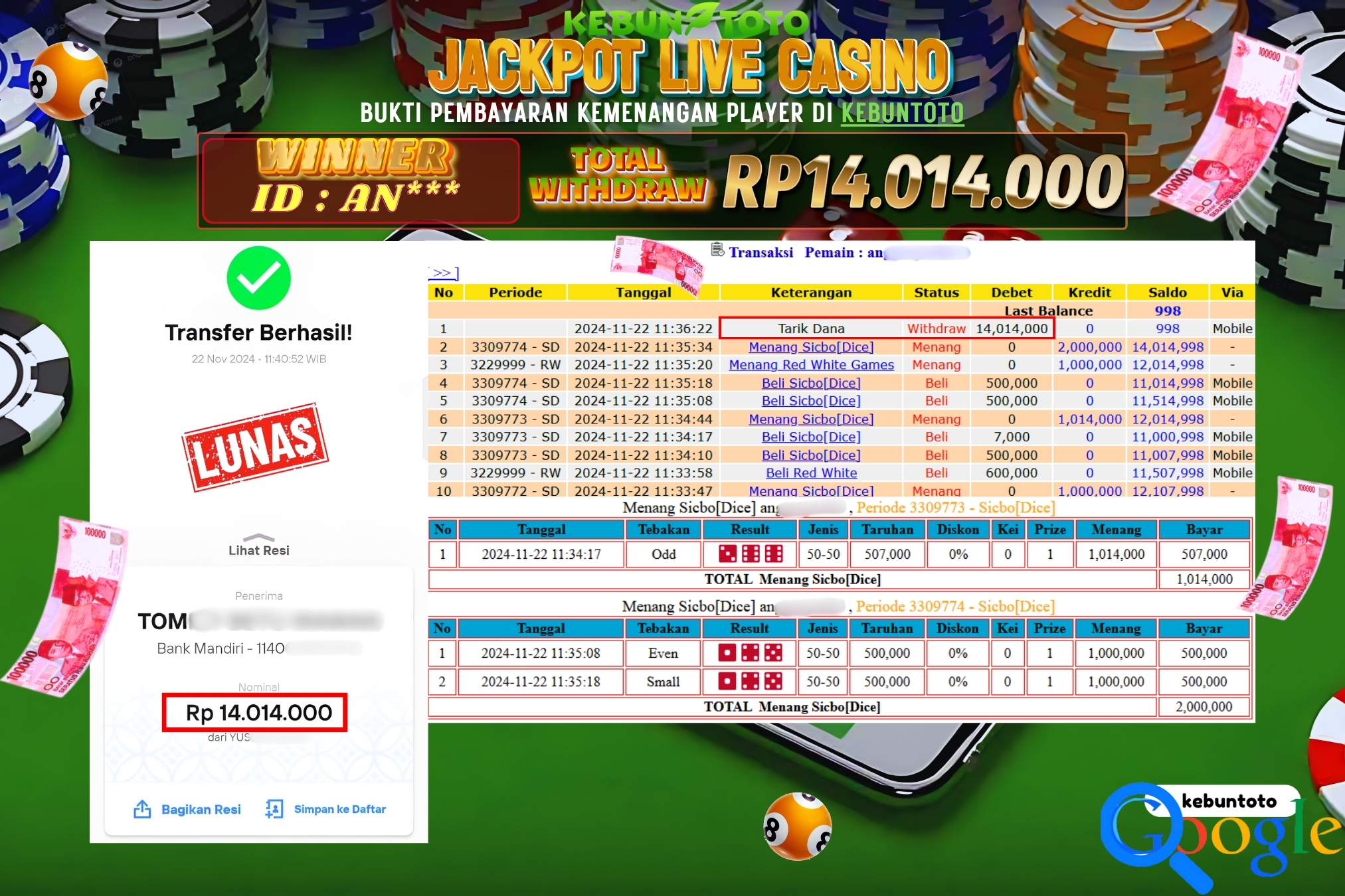 KEBUNTOTO JACKPOT LIVE CASINO SICBO DICE Rp.14.014.000,- LUNAS