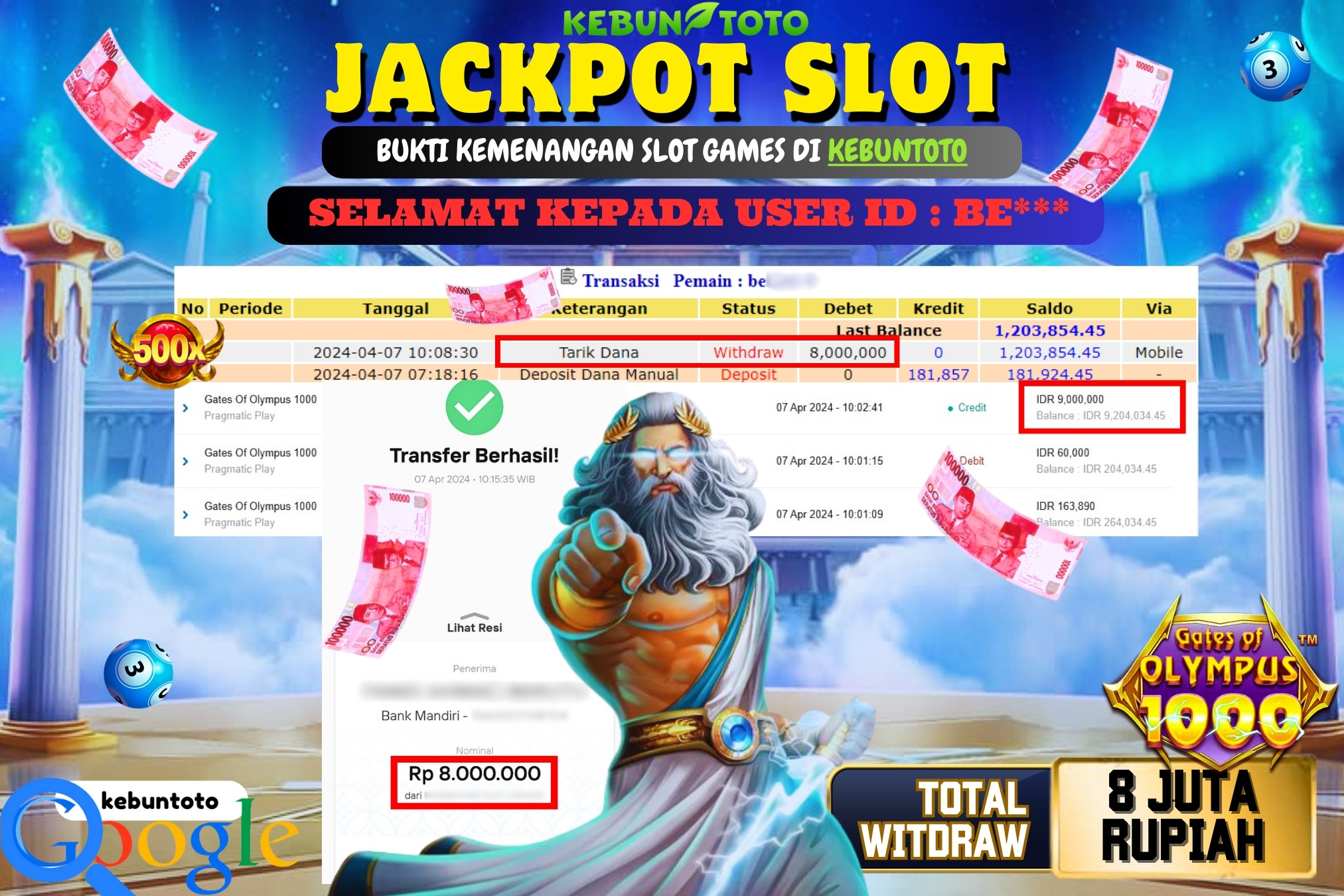 KEBUNTOTO JACKPOT SLOT GATES OF OLYMPUS 1000 Rp.8.000.000,- LUNAS