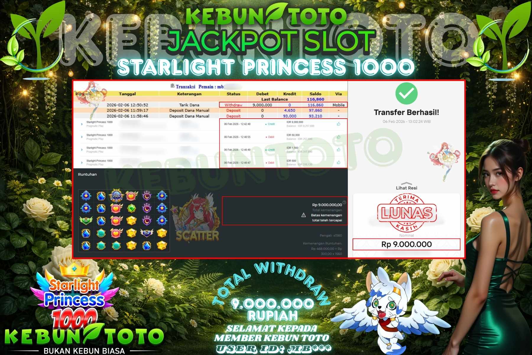 Bukti Kemenangan Rp 9.000.000 SLOT STARLIGHT PRINCESS 1000 di KEBUNTOTO!
