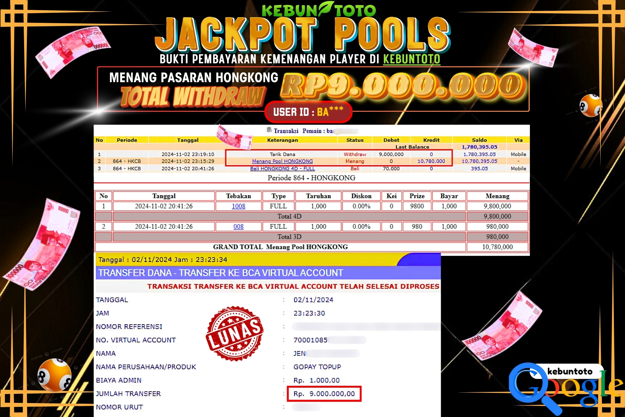 KEBUNTOTO JACKPOT TOGEL PASARAN HONGKONG Rp.9.000.000,- LUNAS