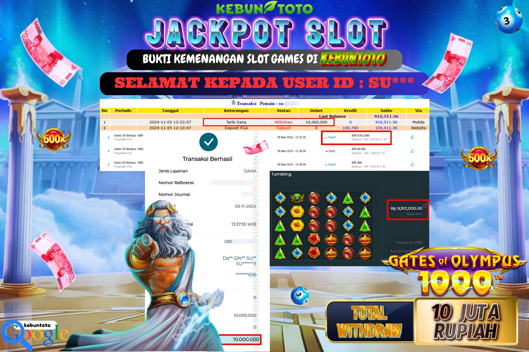 KEBUNTOTO JACKPOT SLOT GATES OF OLYMPUS 1000 Rp.10.000.000,- LUNAS