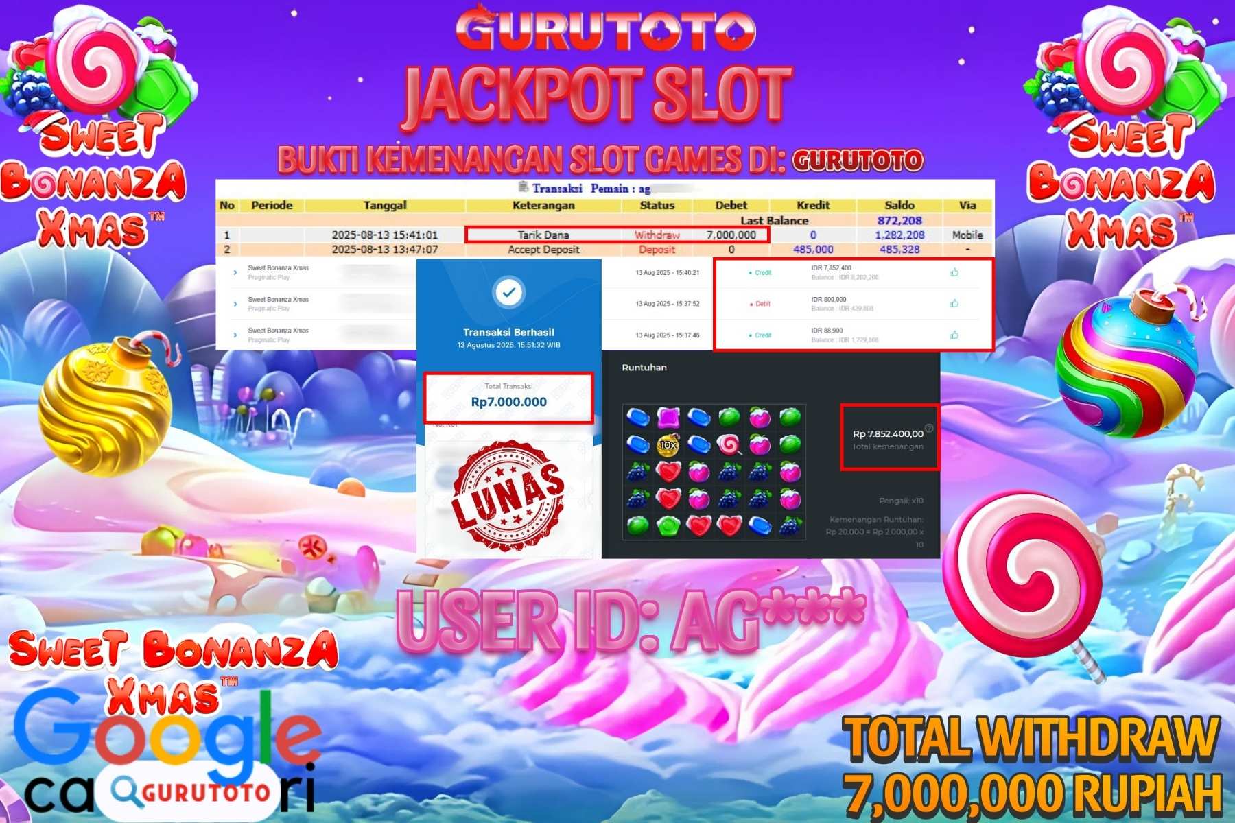 Bukti Kemenangan Rp 7.000.000 SLOT SWEET BONANZA XMAS di GURUTOTO!