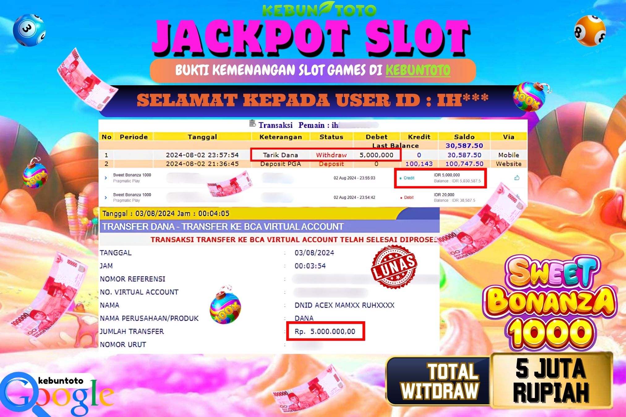 KEBUNTOTO JACKPOT SLOT SWEET BONANZA 1000 Rp.5.000.000,- LUNAS
