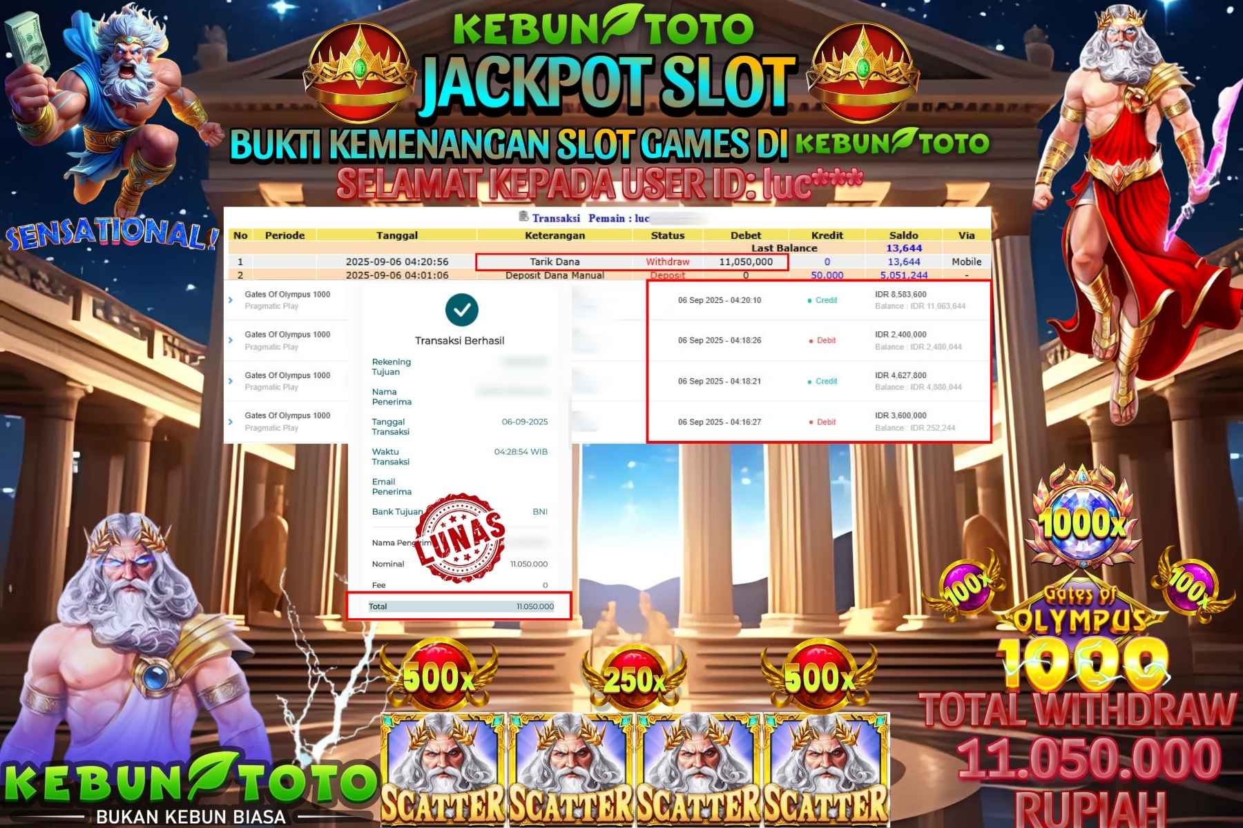 Bukti Kemenangan Rp 11.050.000 SLOT GATES OF OLYMPUS 1000 di KEBUNTOTO!