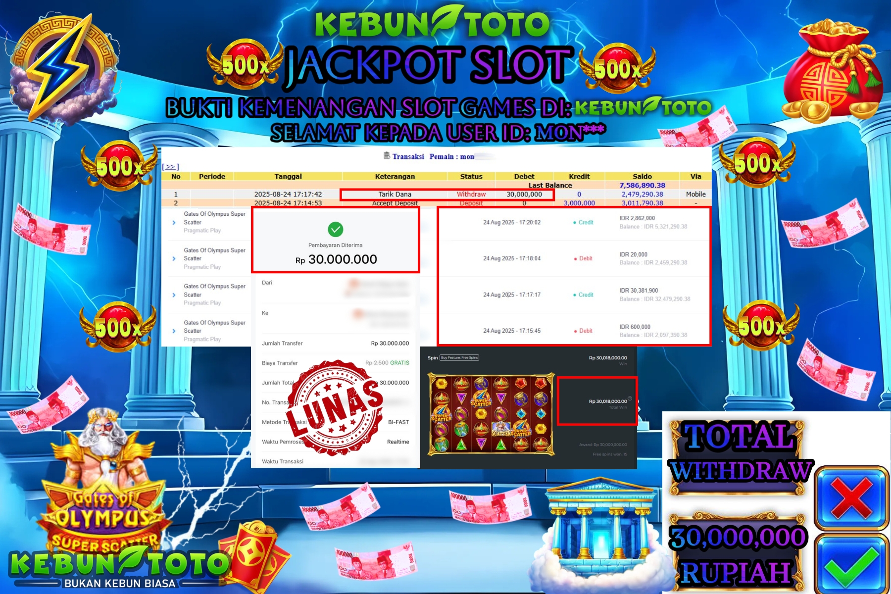 Bukti Kemenangan Rp 30.000.000 SLOT GATES OF OLYMPUS SUPER SCATTER di KEBUNTOTO!