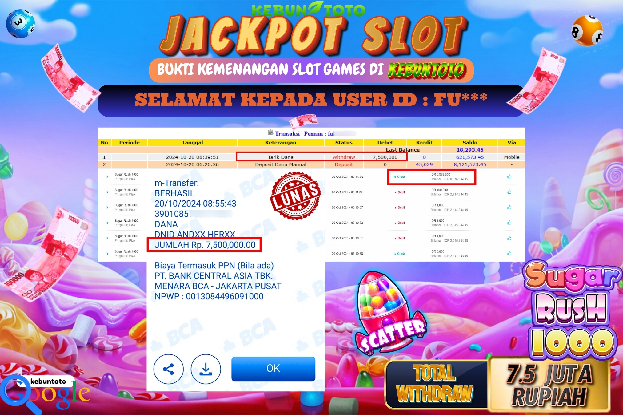 KEBUNTOTO JACKPOT SLOT SUGAR RUSH 1000 Rp.7.500.000,- LUNAS