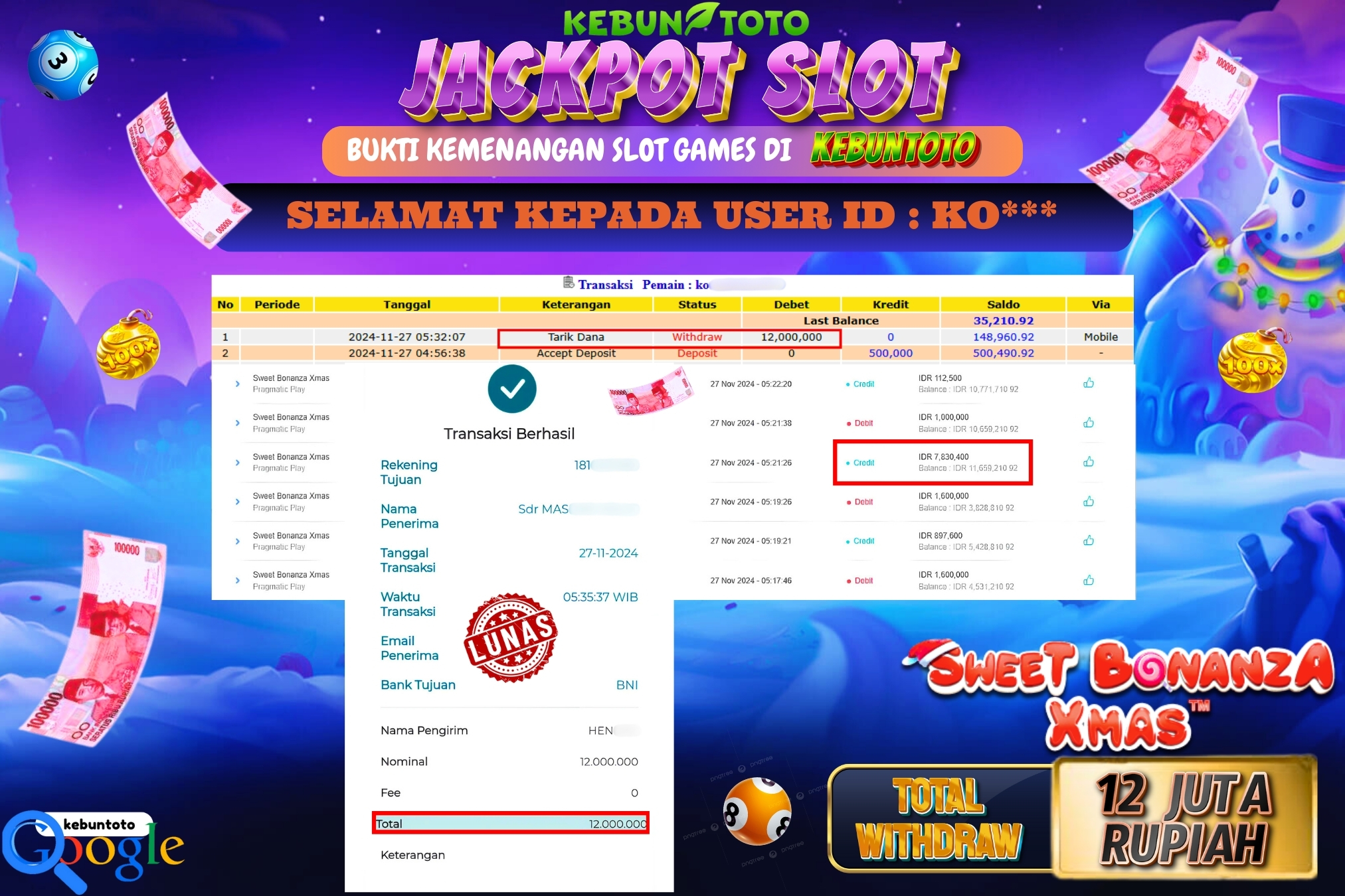 KEBUNTOTO JACKPOT SLOT SWEET BONANZA XMAS Rp.12.000.000,- LUNAS