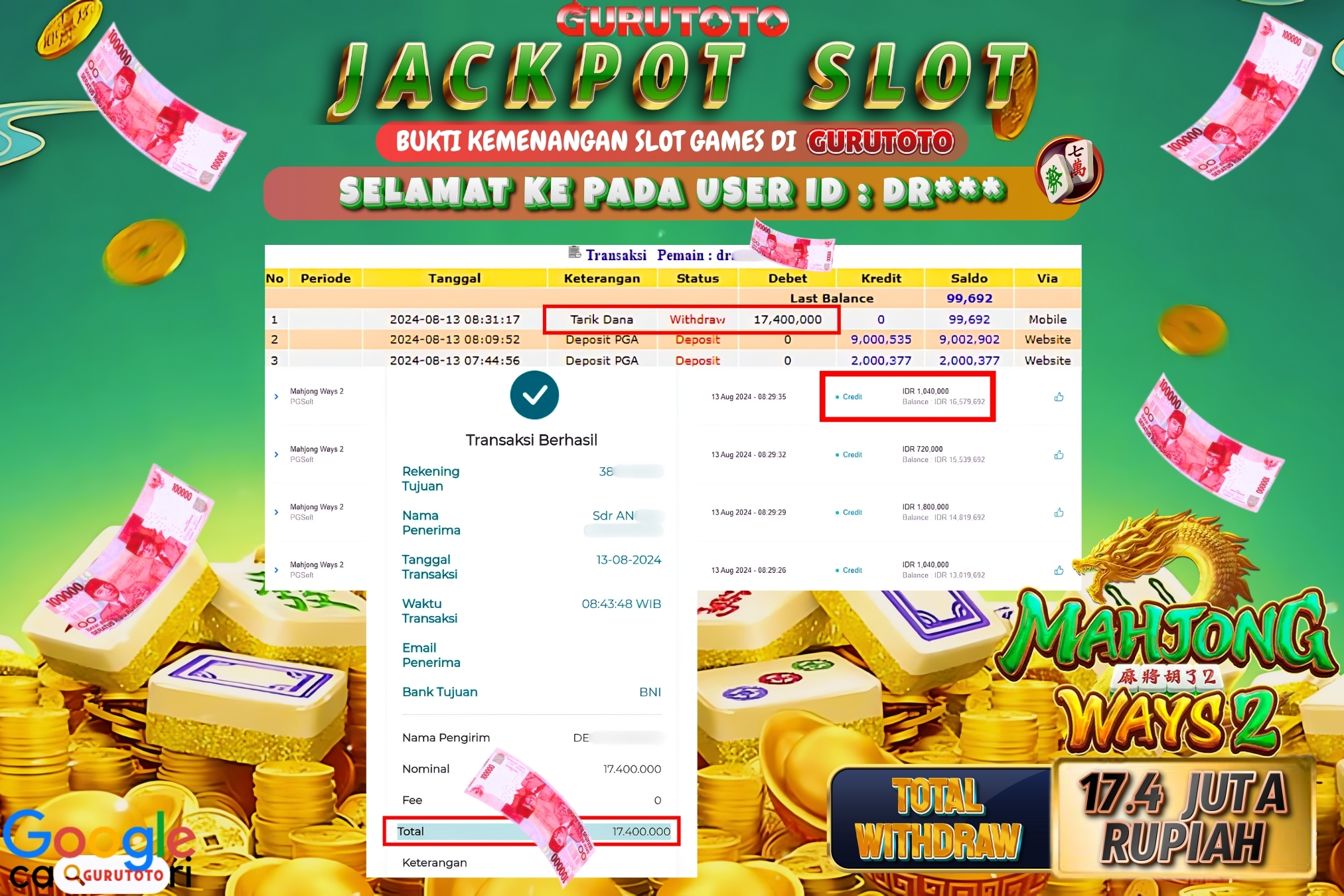 Jackpot Slot Mahjong Ways 2 di Gurutoto sebesar Rp.17.400.000 dibayar lunas.