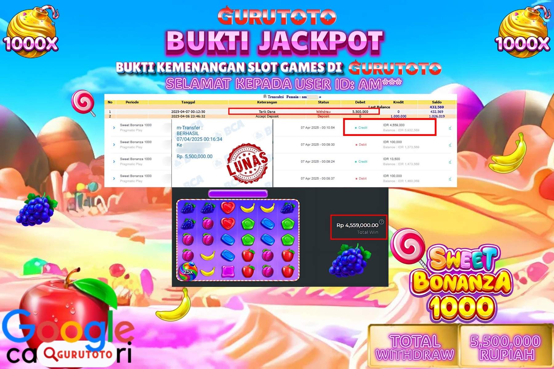 GURUTOTO JACKPOT, SLOT SWEET BONANZA 1000, Sebesar Rp 5.500.000,- LUNAS