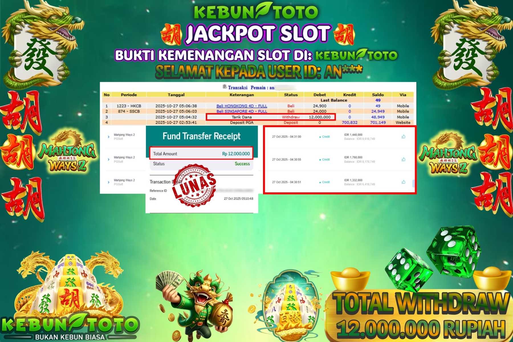 Bukti Kemenangan Rp 12.000.000 SLOT MAHJONG WAYS 2 di KEBUNTOTO!