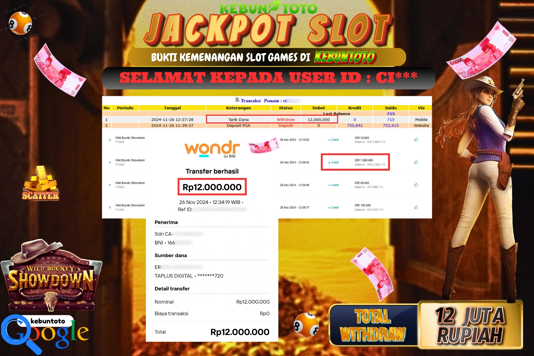 KEBUNTOTO JACKPOT SLOT WILD BOUNTY SHOWDOWN Rp.12.000.000,- LUNAS
