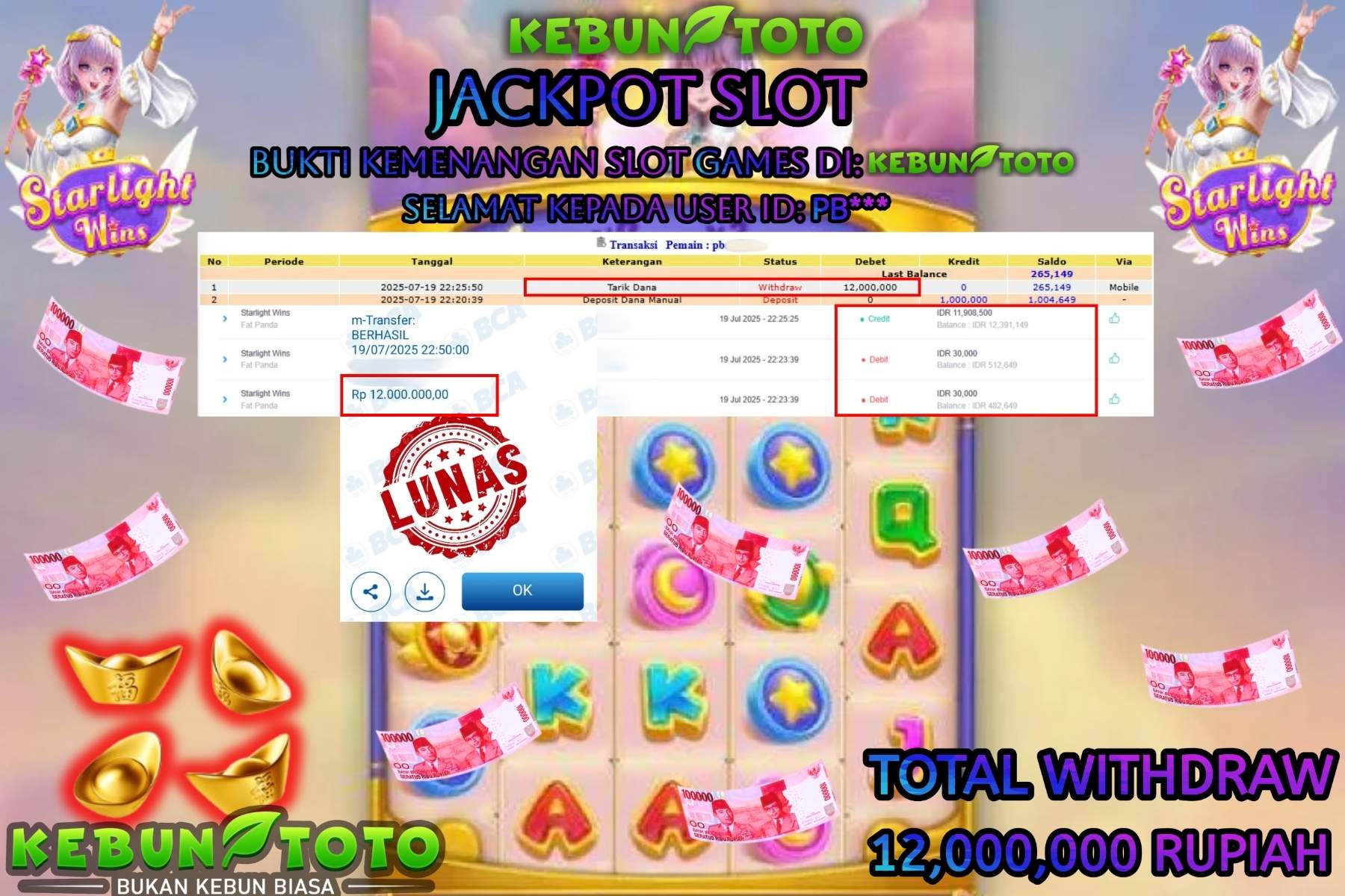 Bukti Kemenangan Rp 12.000.000 SLOT STARLIGHT WINS di KEBUNTOTO!