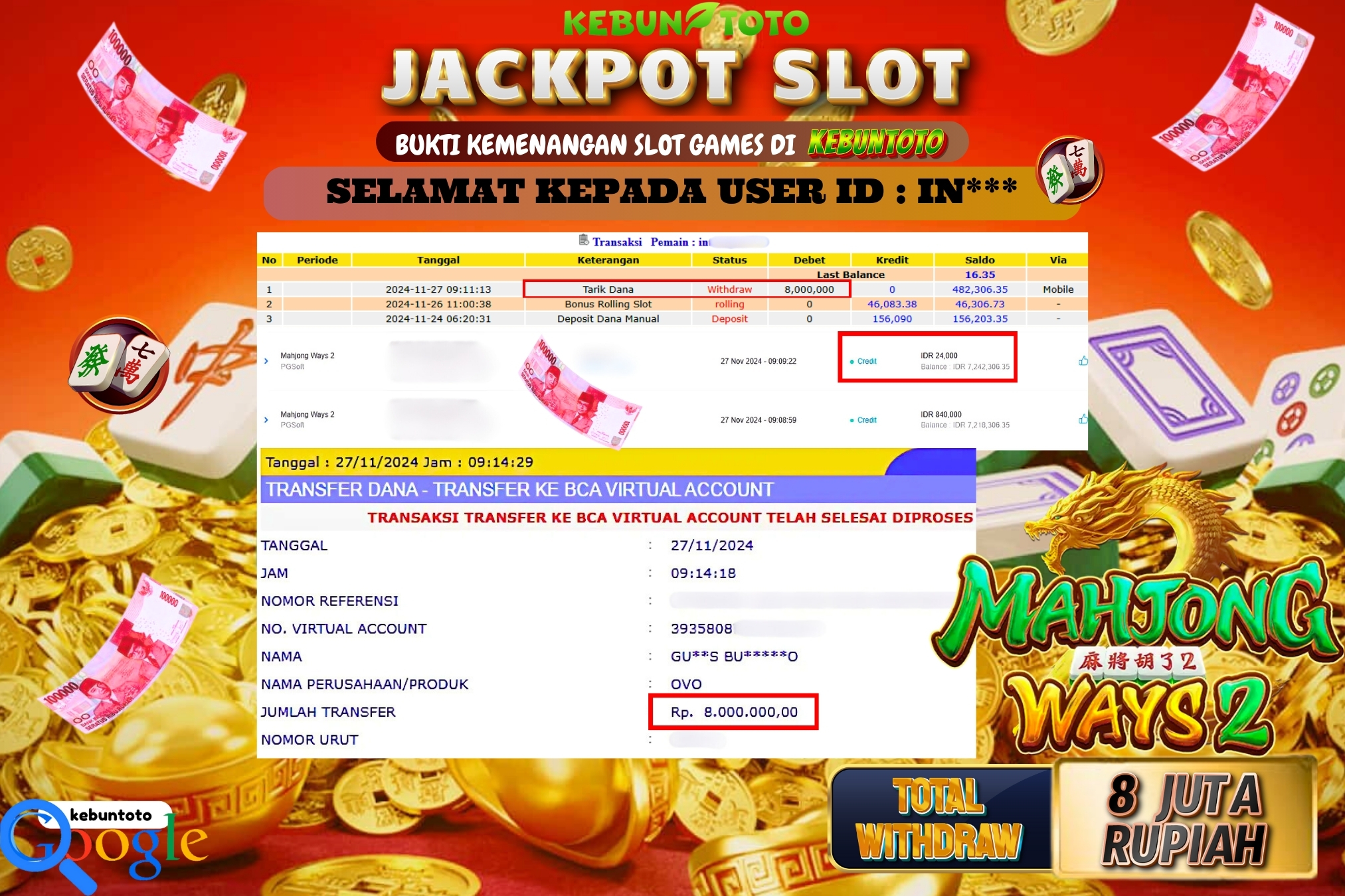 KEBUNTOTO JACKPOT SLOT MAHJONG WAYS 2 Rp.8.000.000,- LUNAS