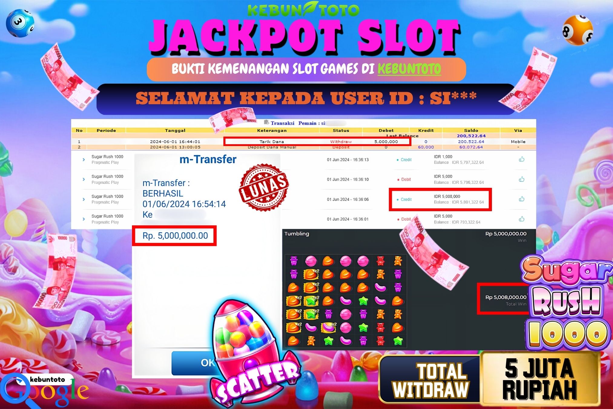 KEBUNTOTO JACKPOT SLOT SUGAR RUSH 1000 Rp.5.000.000,- LUNAS