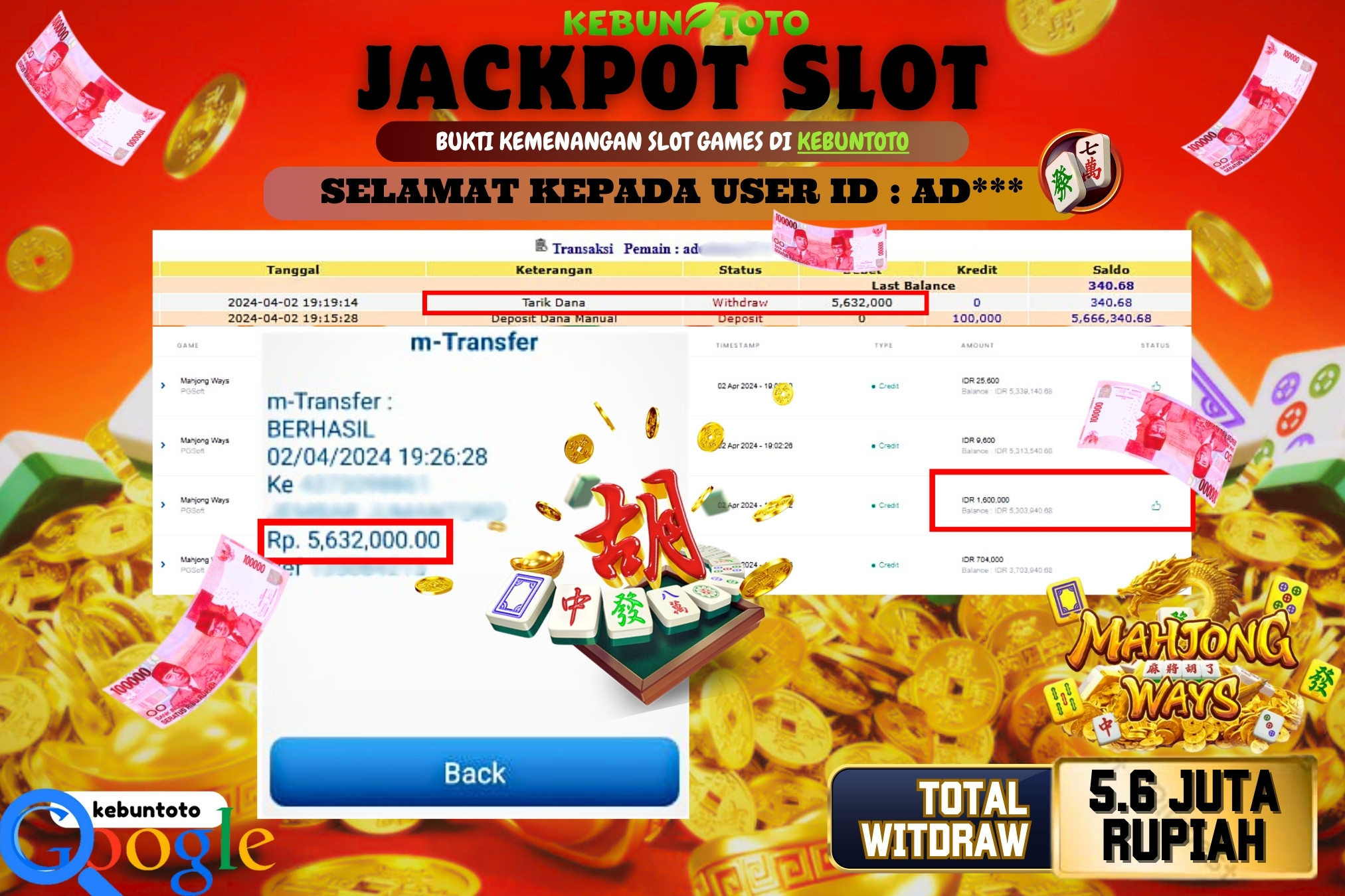 KEBUNTOTO JACKPOT SLOT MAHJONG WAYS Rp.5.632.000,- LUNAS