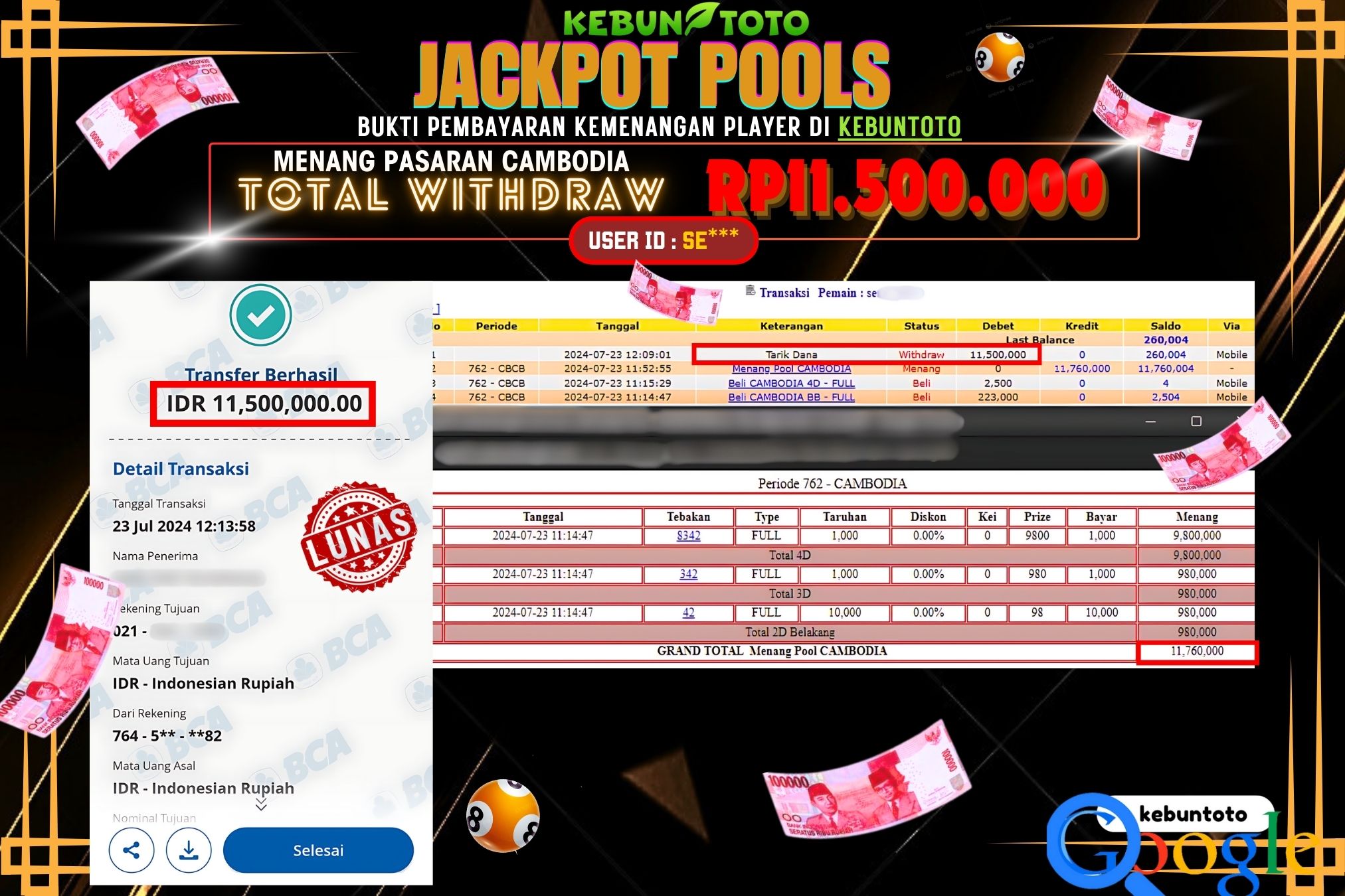 KEBUNTOTO JACKPOT TOGEL PASARAN CAMBODIA Rp.11.500.000,- LUNAS