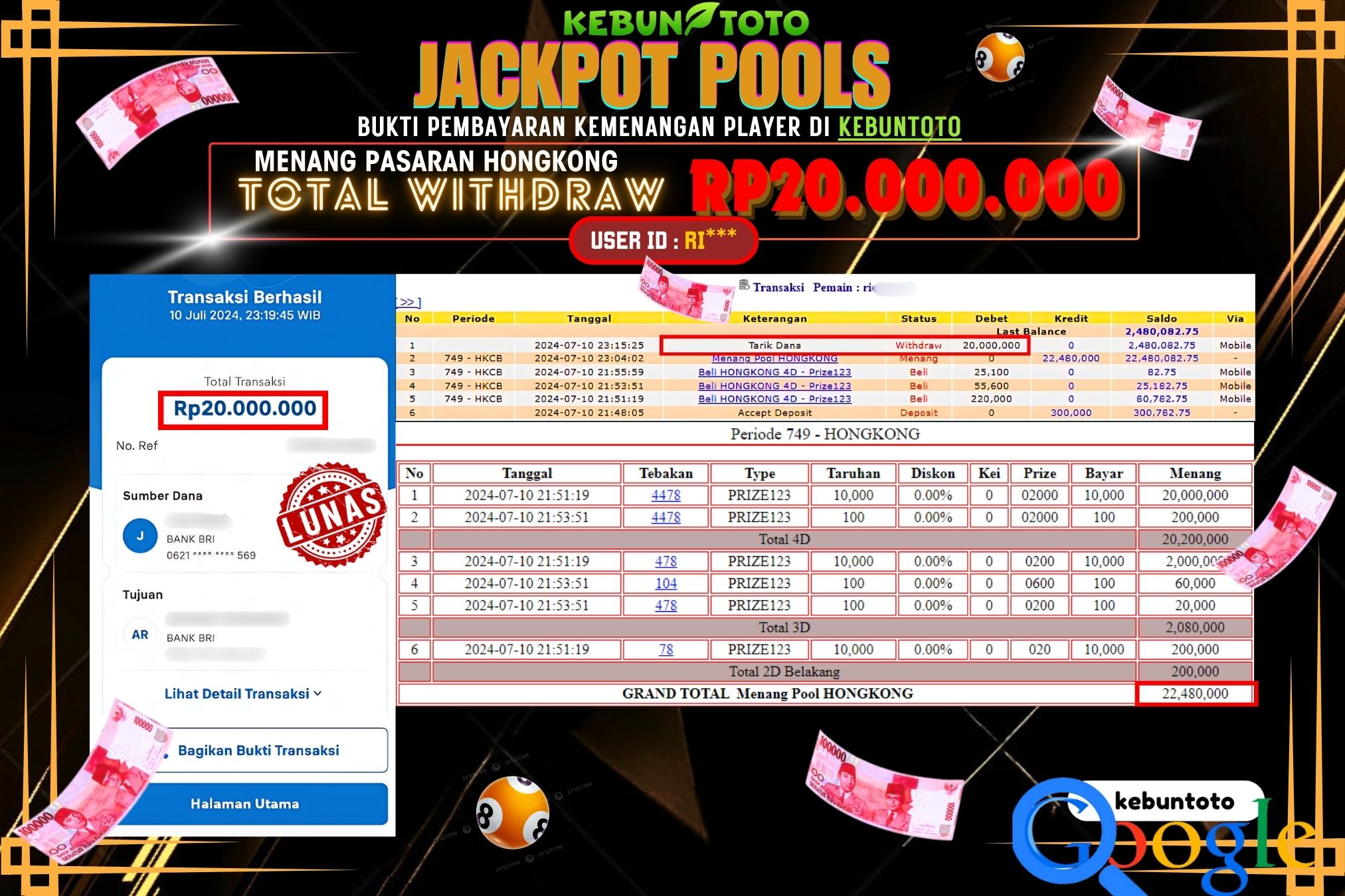 KEBUNTOTO JACKPOT TOGEL PASARAN HONGKONG Rp.20.000.000,- LUNAS