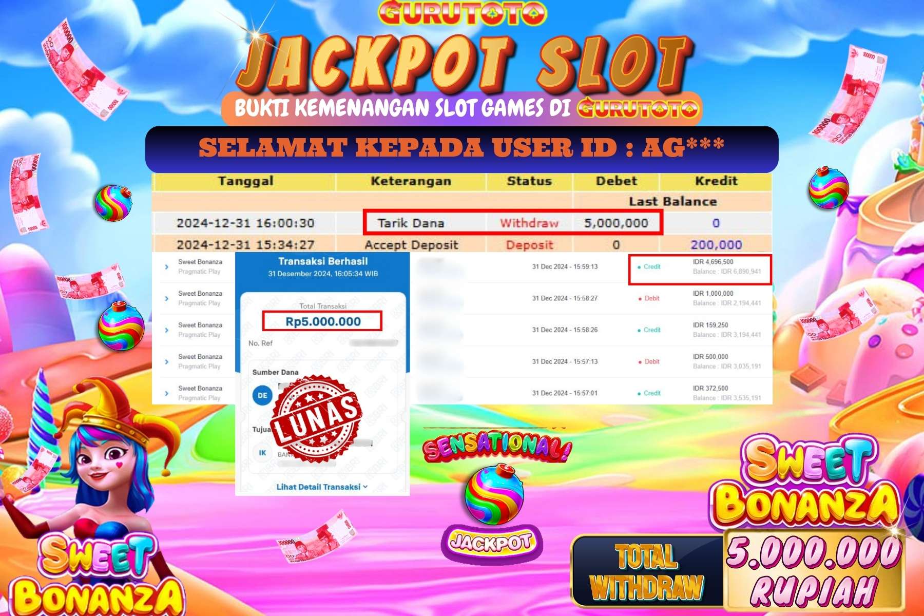 GURUTOTO, JACKPOT SLOT SWEET BONANZA sebesar Rp.5.000.000,- dibayar lunas.