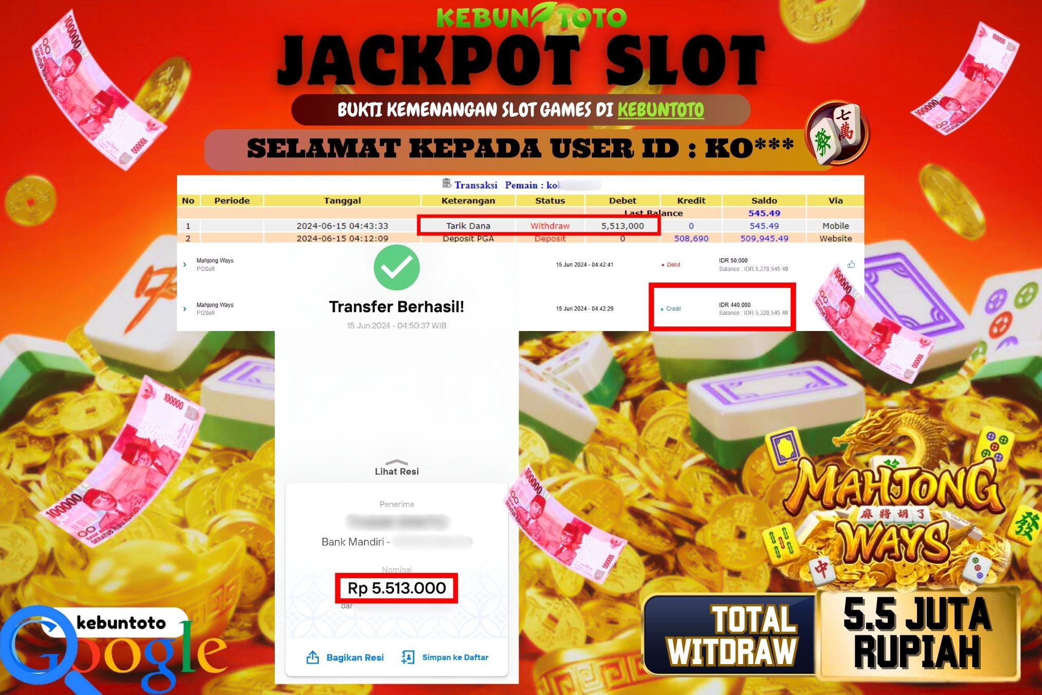 KEBUNTOTO JACKPOT SLOT MAHJONG WAYS Rp.5.513.000,- LUNAS