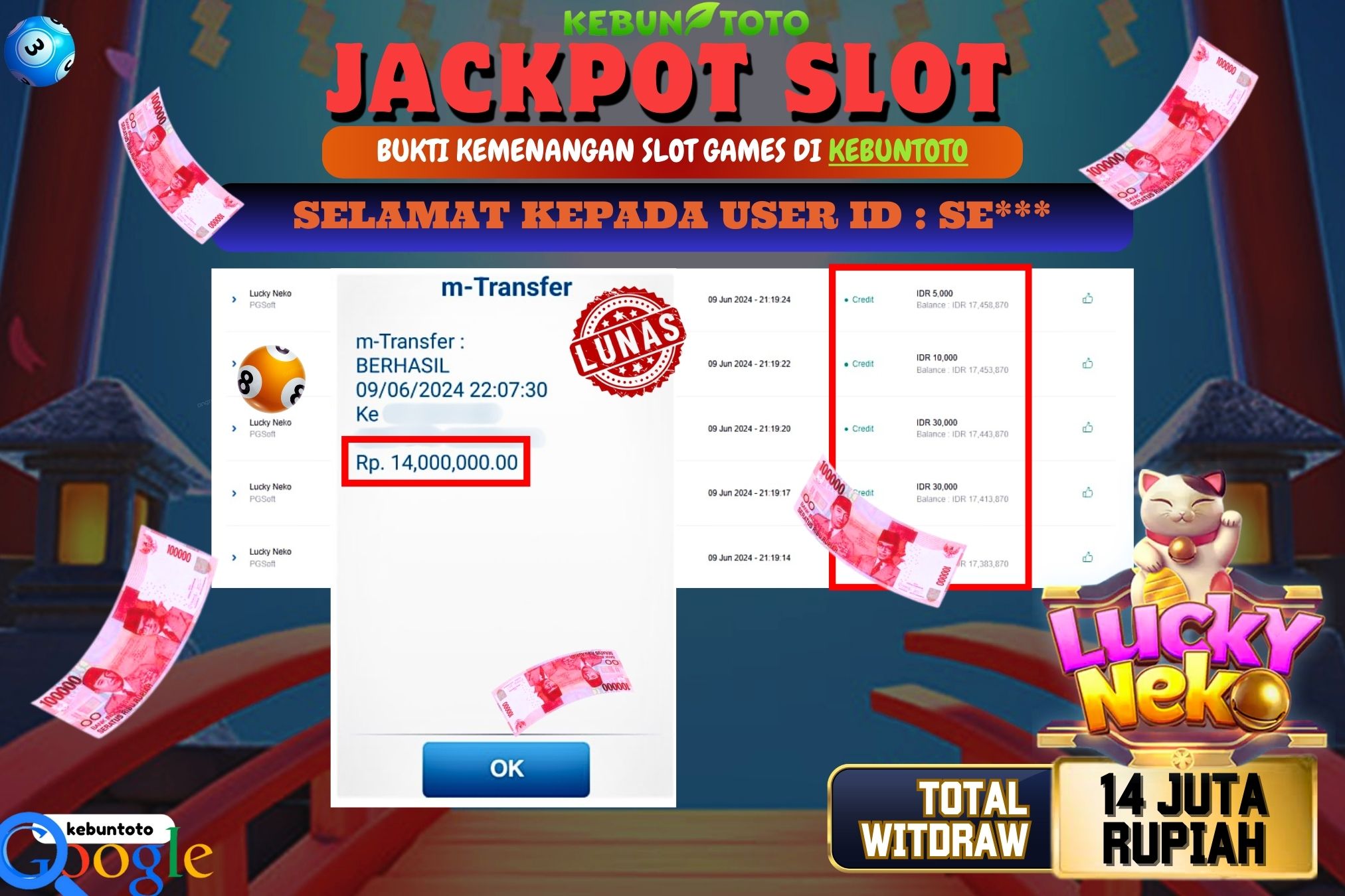 KEBUNTOTO JACKPOT SLOT LUCKY NEKO Rp.14.000.000,- LUNAS
