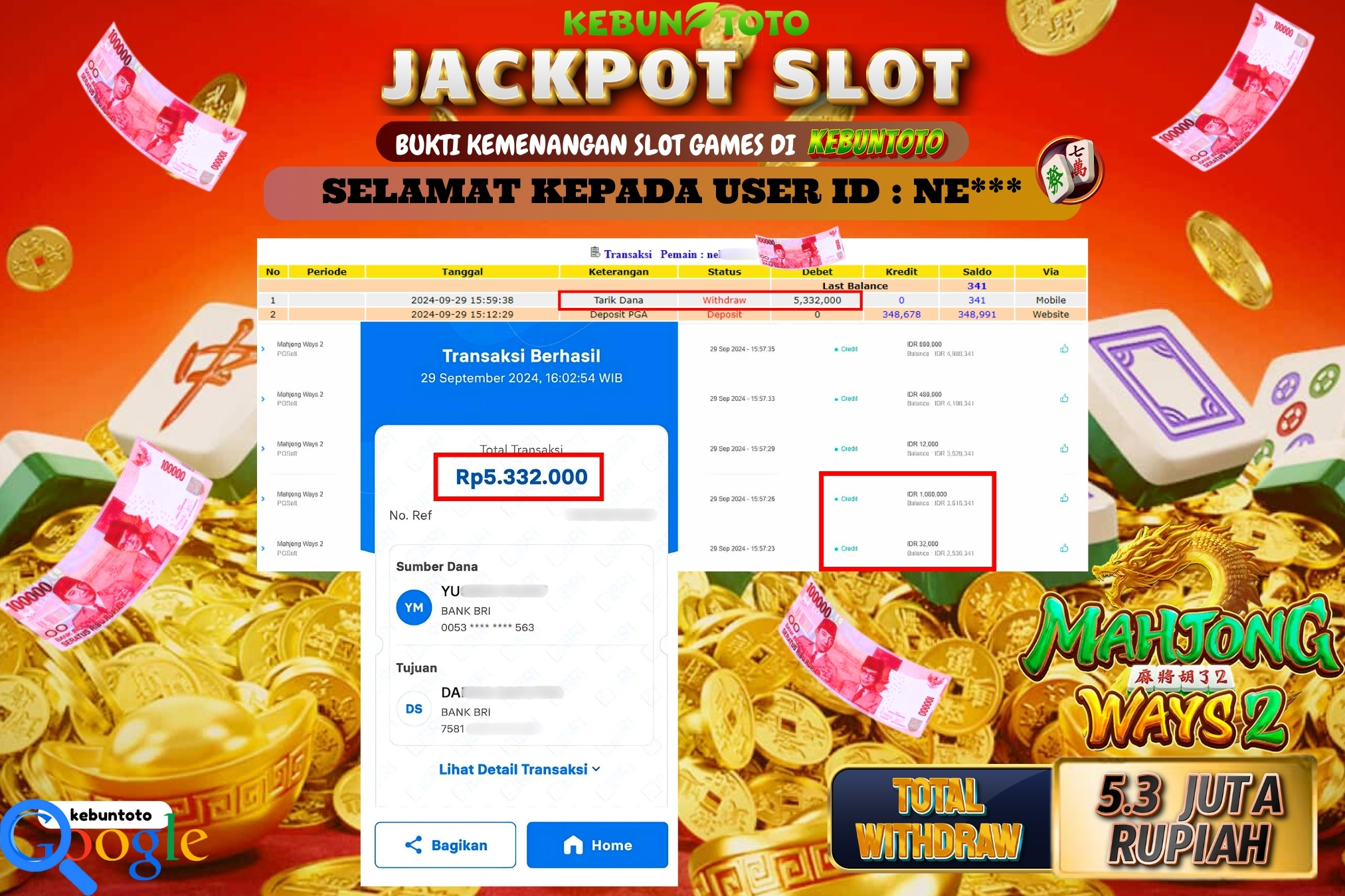 KEBUNTOTO JACKPOT SLOT MAHJONG WAYS 2 Rp.5.332.000,- LUNAS