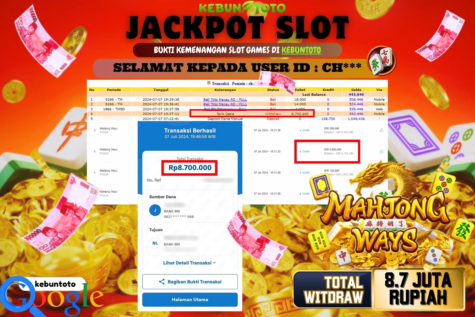 KEBUNTOTO JACKPOT SLOT MAHJONG WAYS Rp.8.700.000,- LUNAS