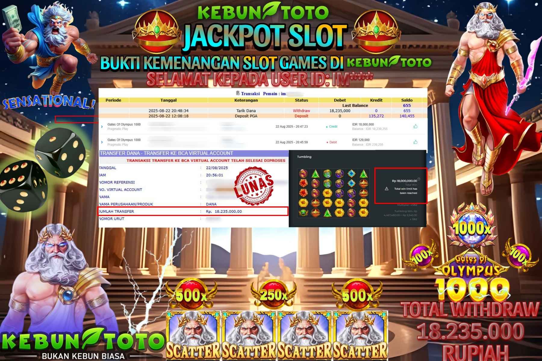 Bukti Kemenangan Rp 18.235.000 SLOT GATES OF OLYMPUS 1000 di KEBUNTOTO!