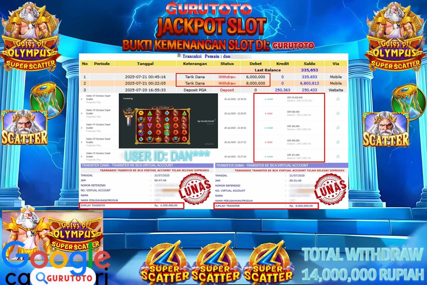 Bukti Kemenangan Rp 14.000.000 SLOT GATES OF OLYMPUS SUPER SCATTER di GURUTOTO!