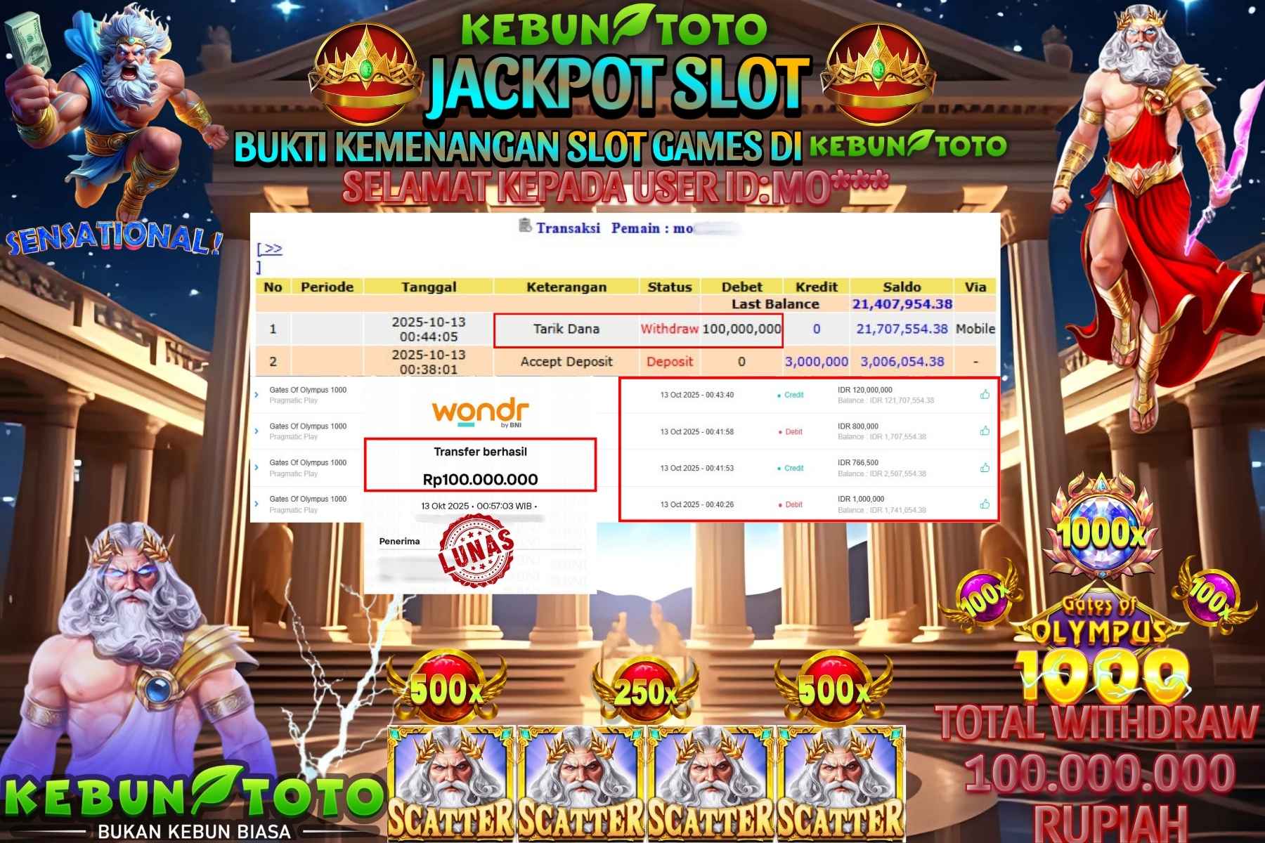 Bukti Kemenangan Rp 100.000.000 SLOT GATES OF OLYMPUS 1000 di KEBUNTOTO!